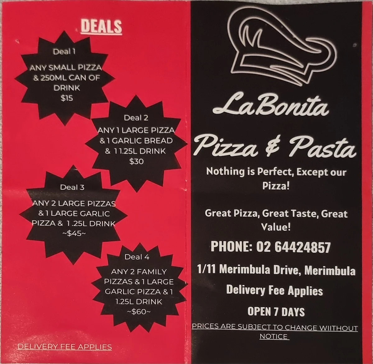 Menu, LaBonita Pizza & Pasta