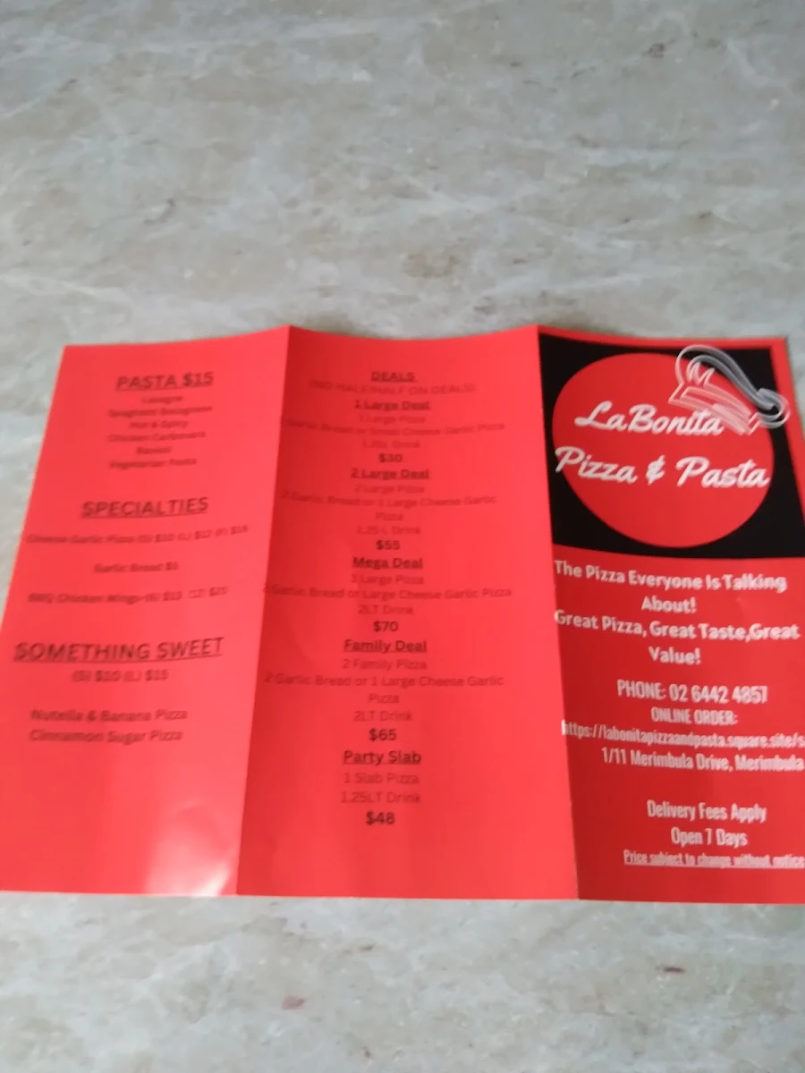 Menu, LaBonita Pizza & Pasta