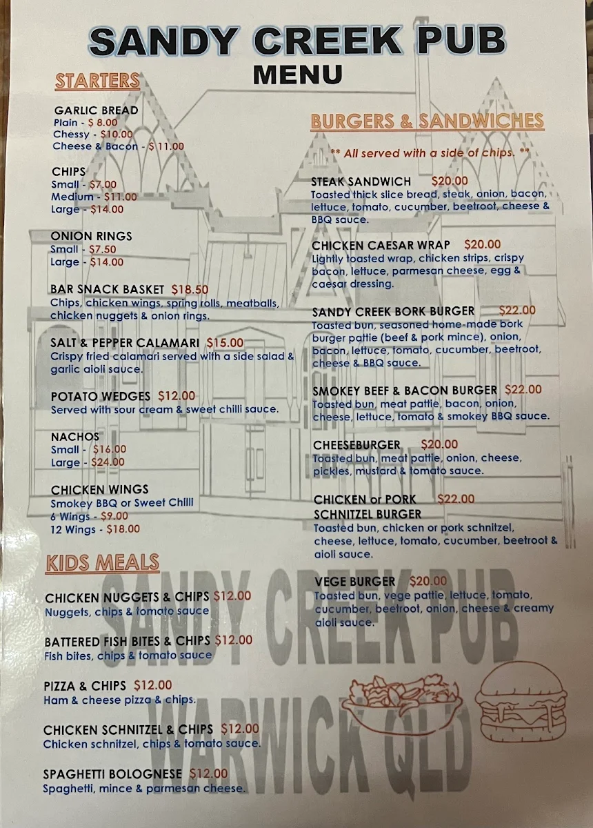 Menu, Sandy Creek Pub