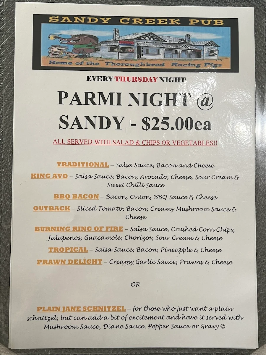 Menu, Sandy Creek Pub