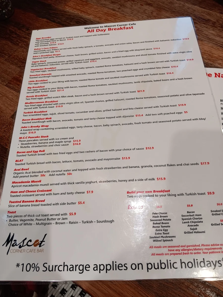 Menu, Mascot Corner Cafe Bar