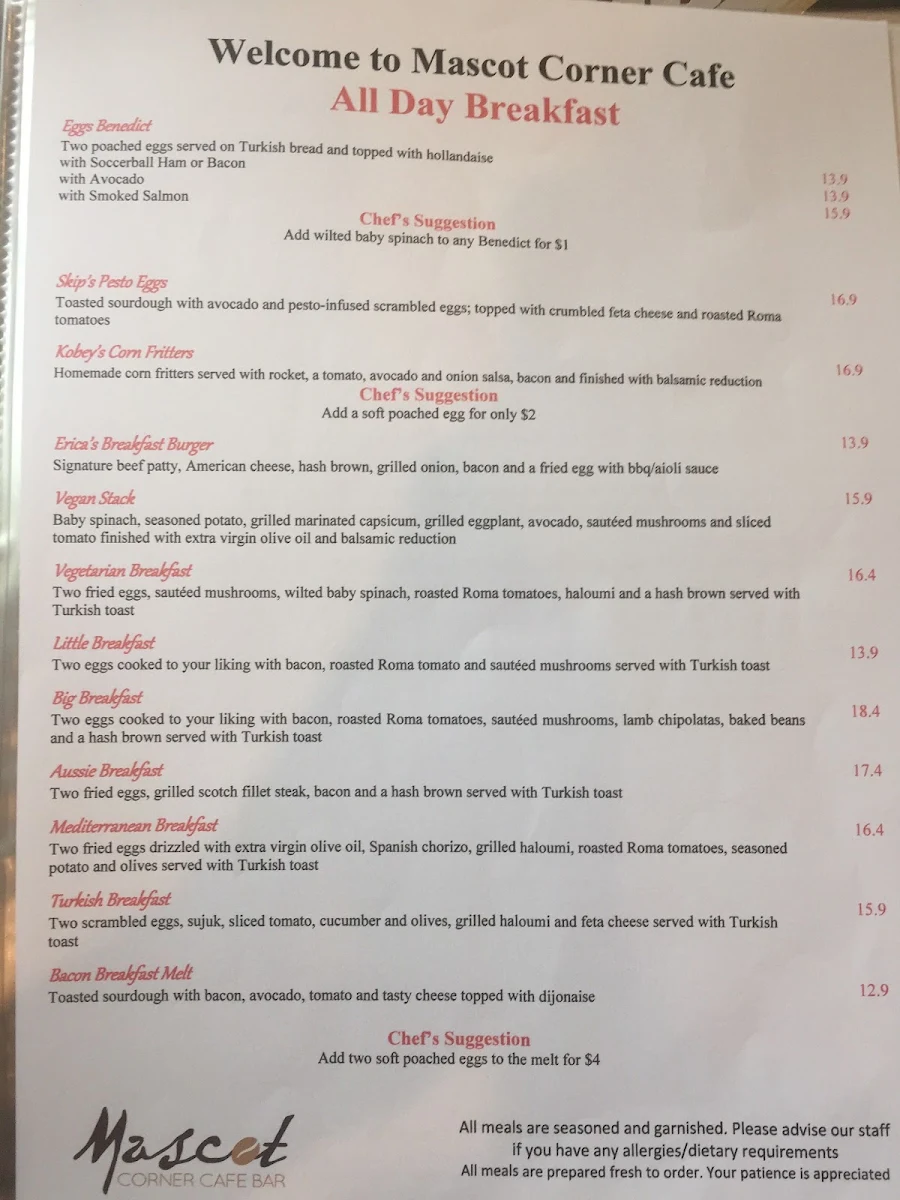 Menu, Mascot Corner Cafe Bar