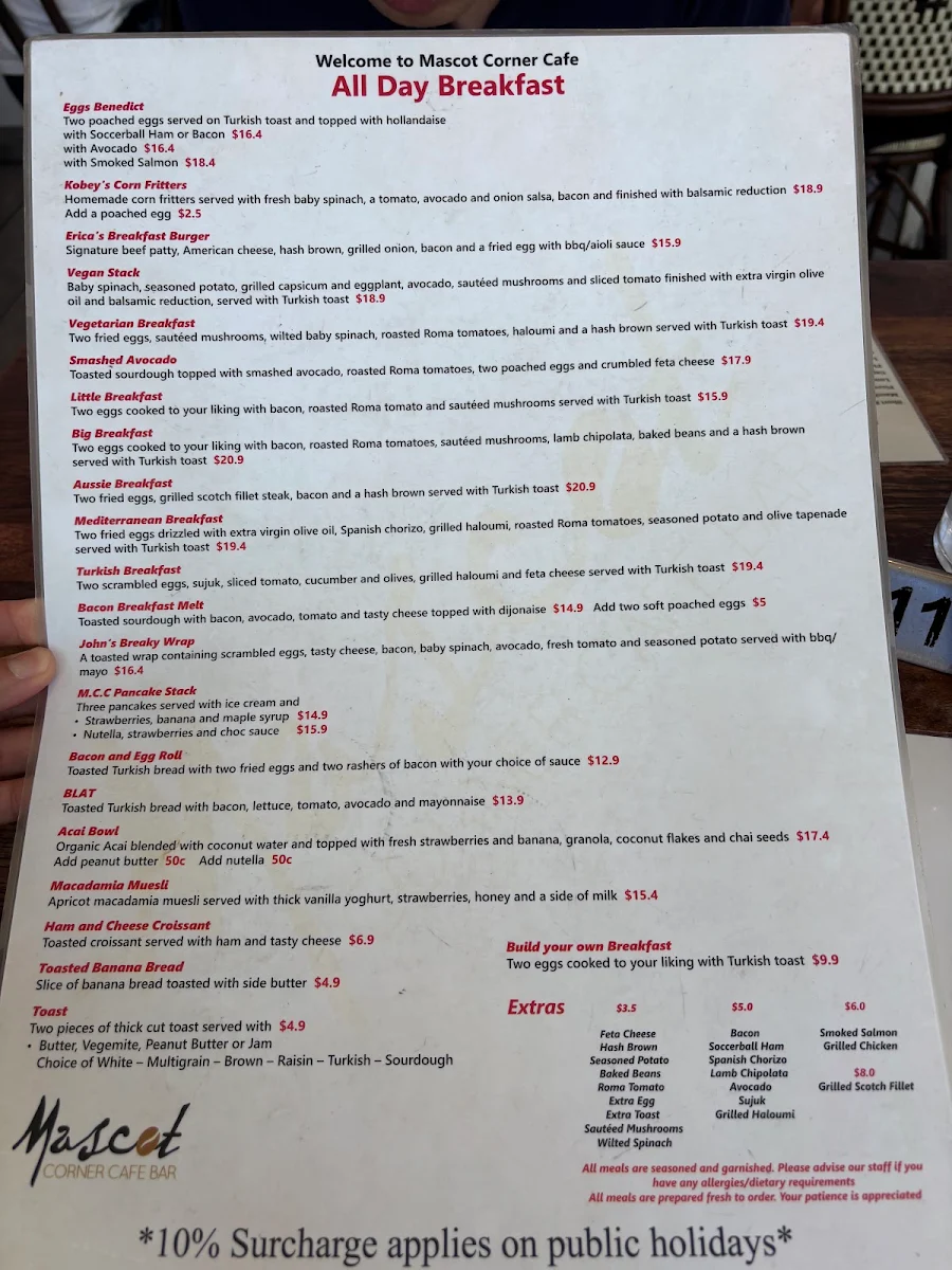 Menu, Mascot Corner Cafe Bar