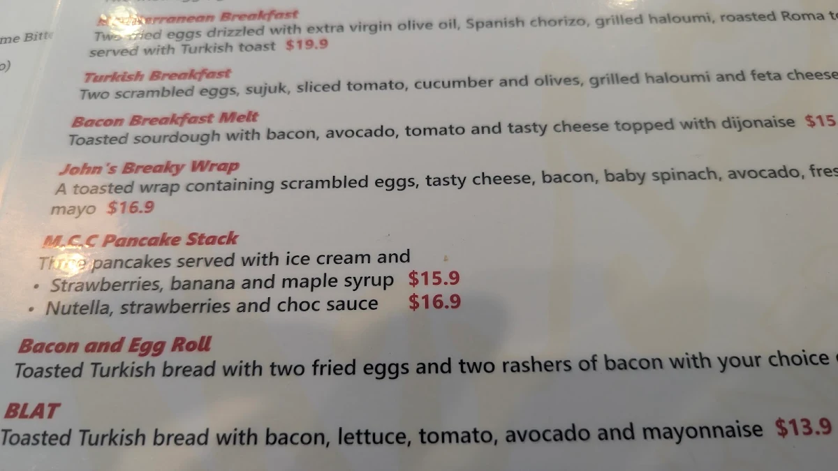 Menu, Mascot Corner Cafe Bar