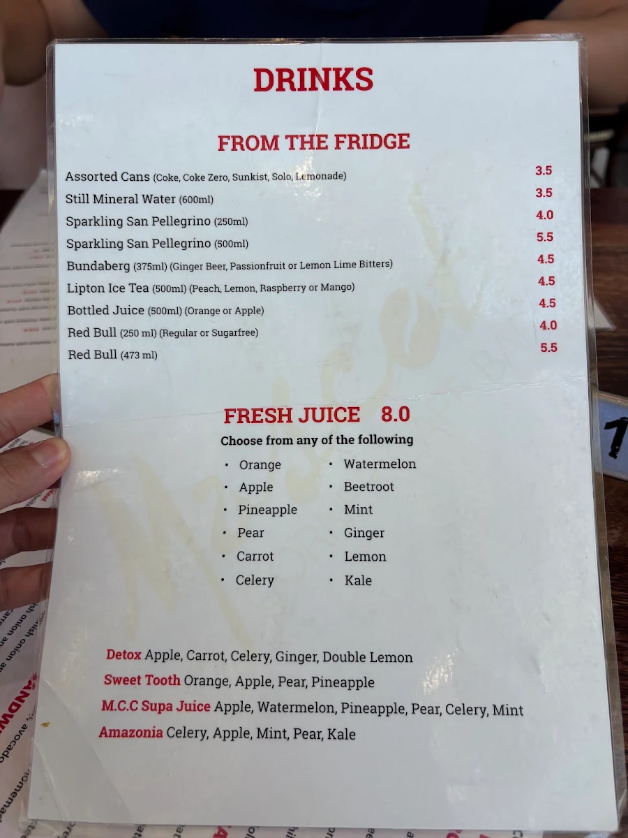 Menu, Mascot Corner Cafe Bar