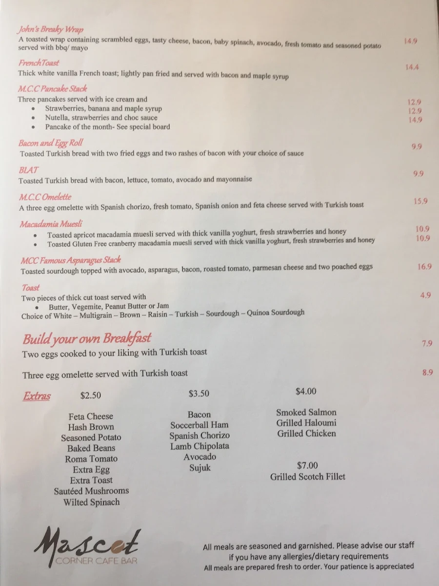 Menu, Mascot Corner Cafe Bar