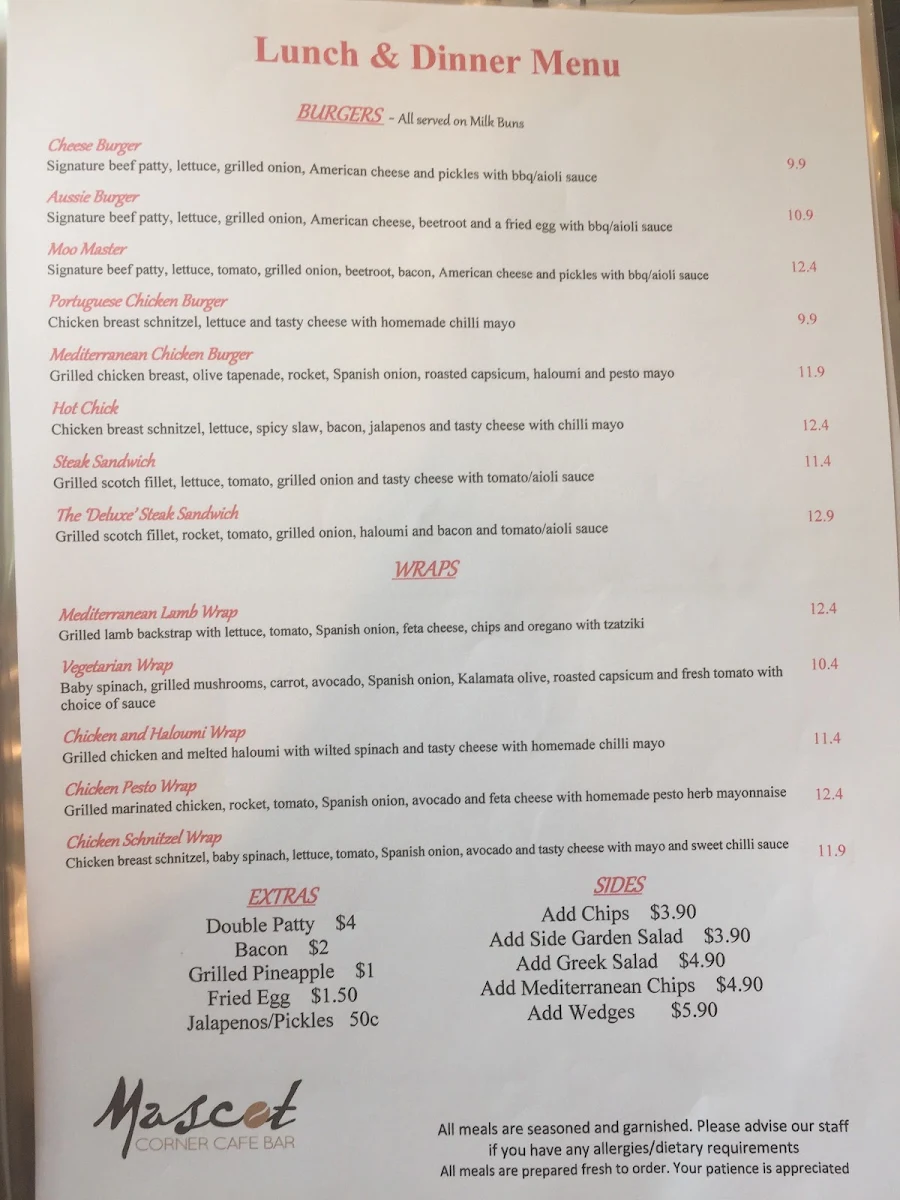 Menu, Mascot Corner Cafe Bar