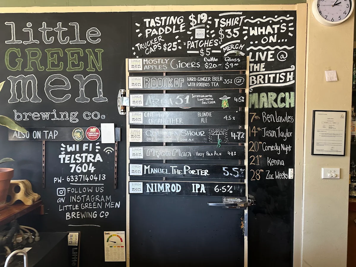 Menu, British Hotel and Little green men brewing co.