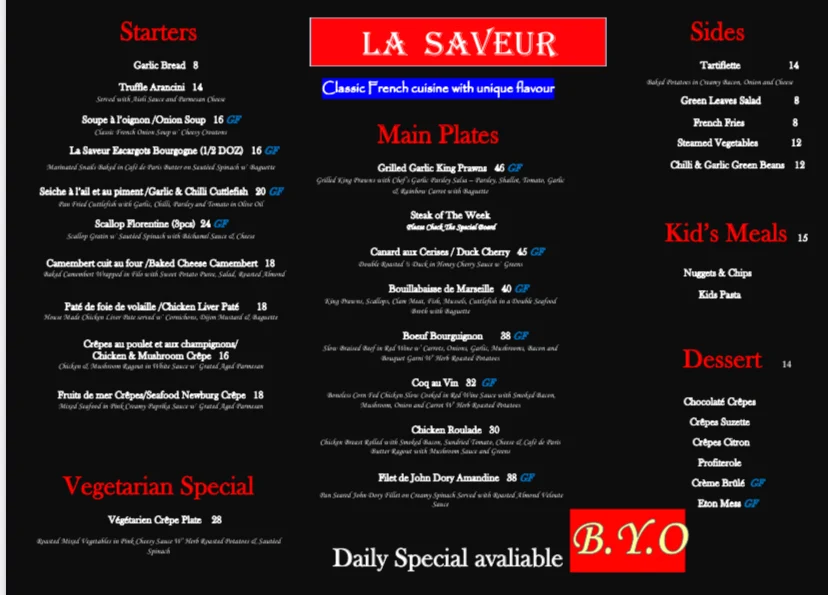 Menu, La saveur French Restaurant