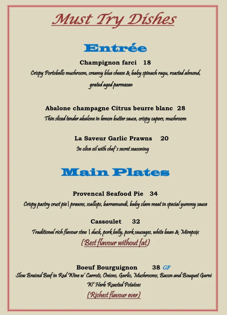 Menu, La saveur French Restaurant