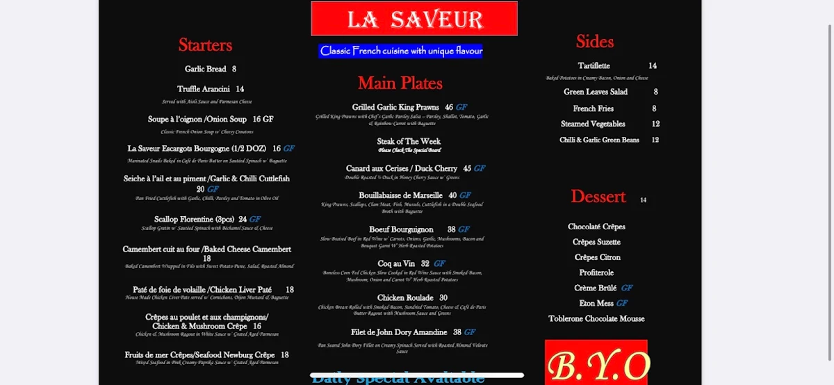 Menu, La saveur French Restaurant