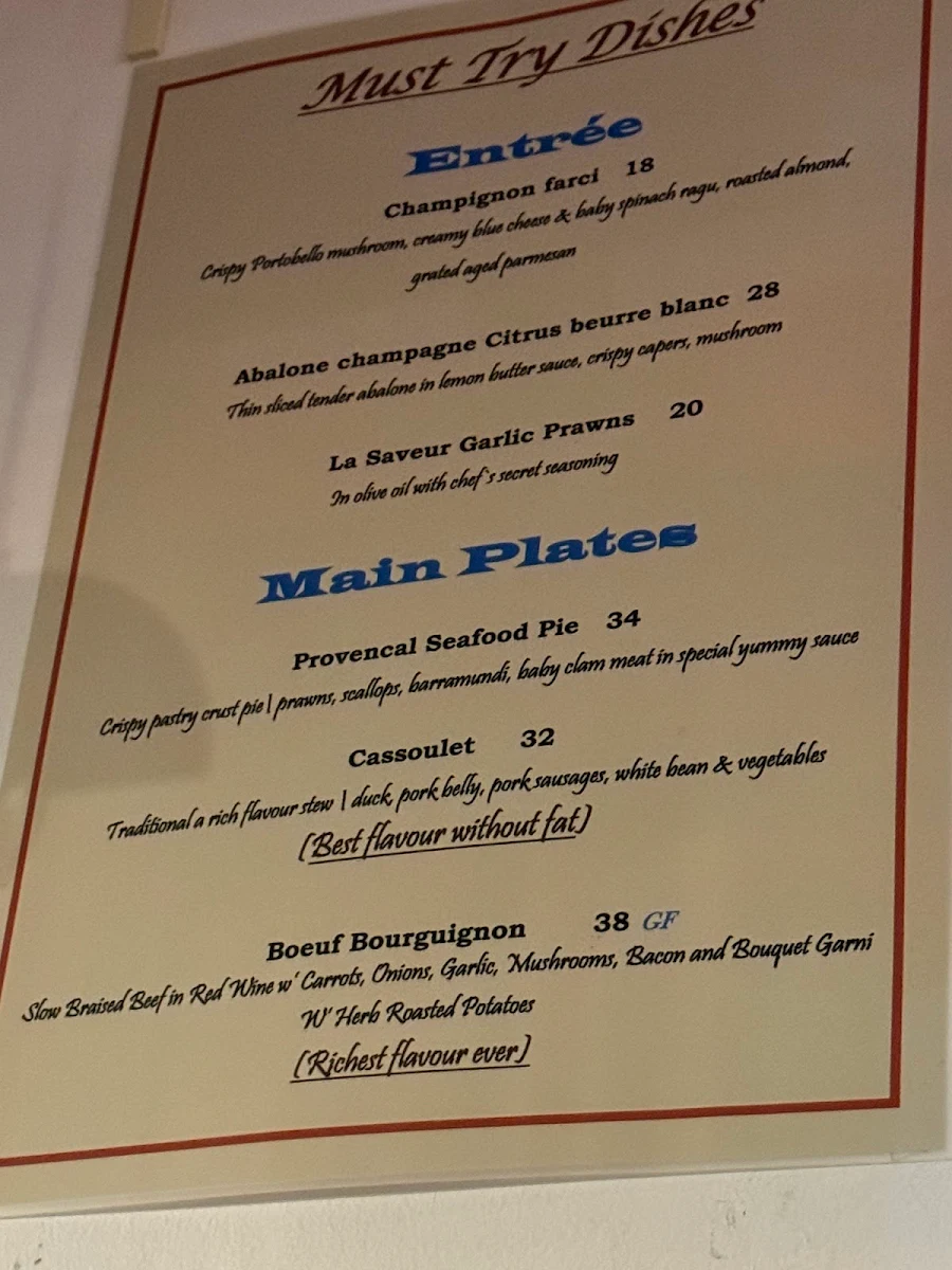 Menu, La saveur French Restaurant
