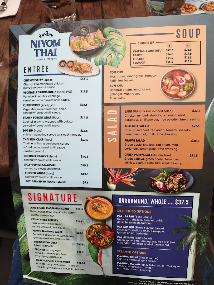 Menu, Niyom Thai Surfers Paradise