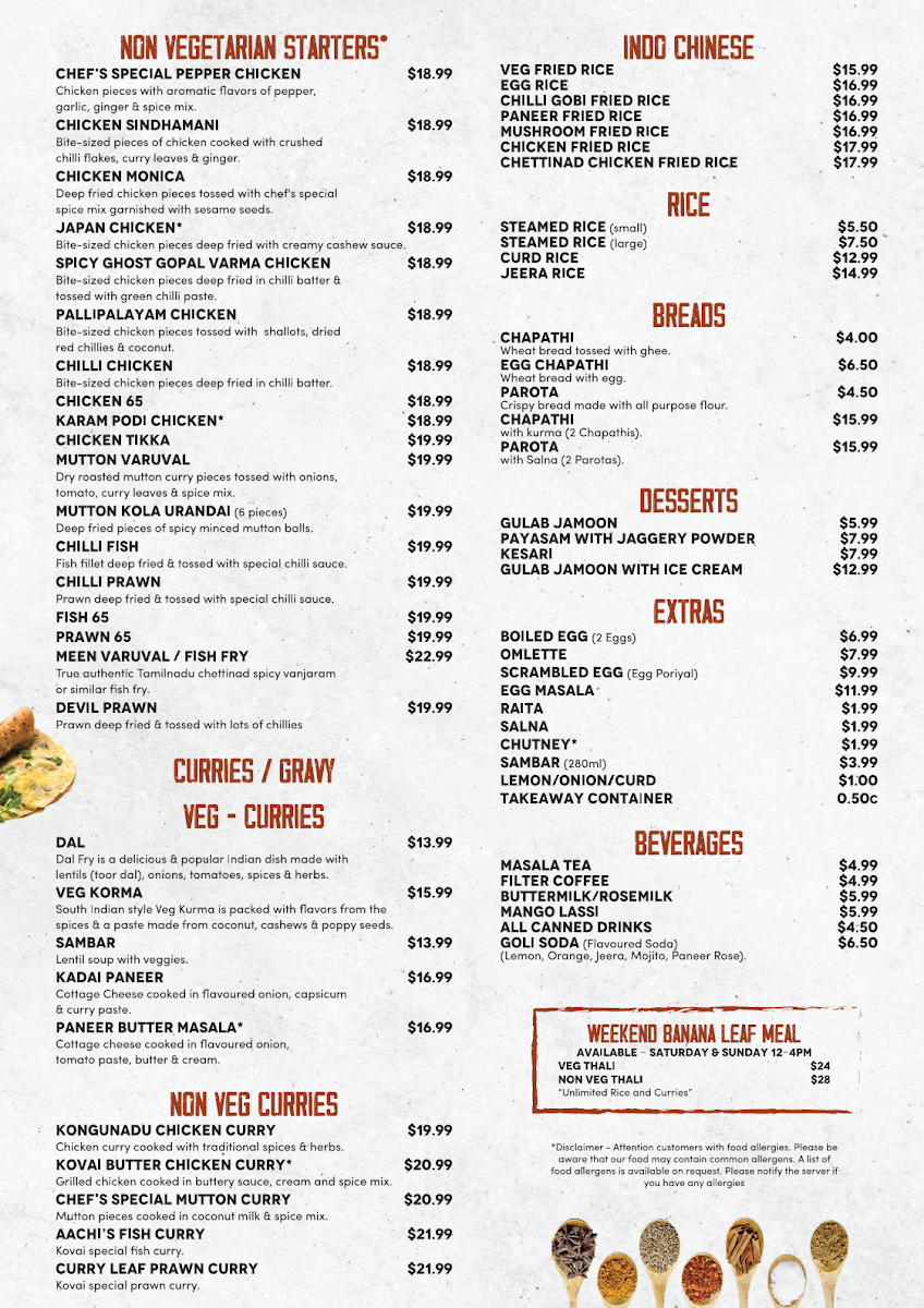 Menu, Streets of Kovai - Berwick