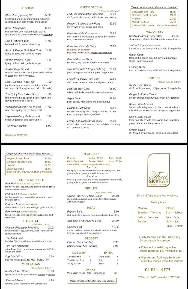 Menu, Thai SkyBar Restaurant