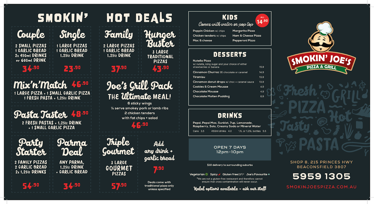 Menu, Smokin Joe's Pizza & Grill Beaconsfield