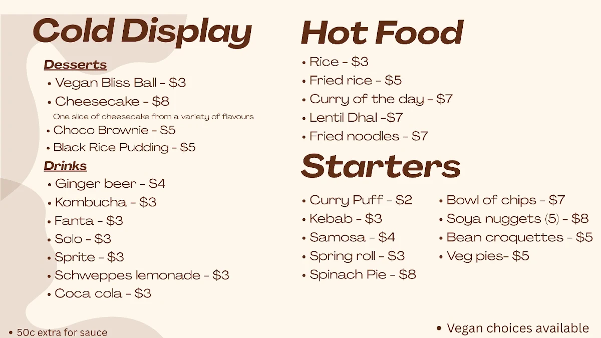 Menu, Sthana's Kitchen