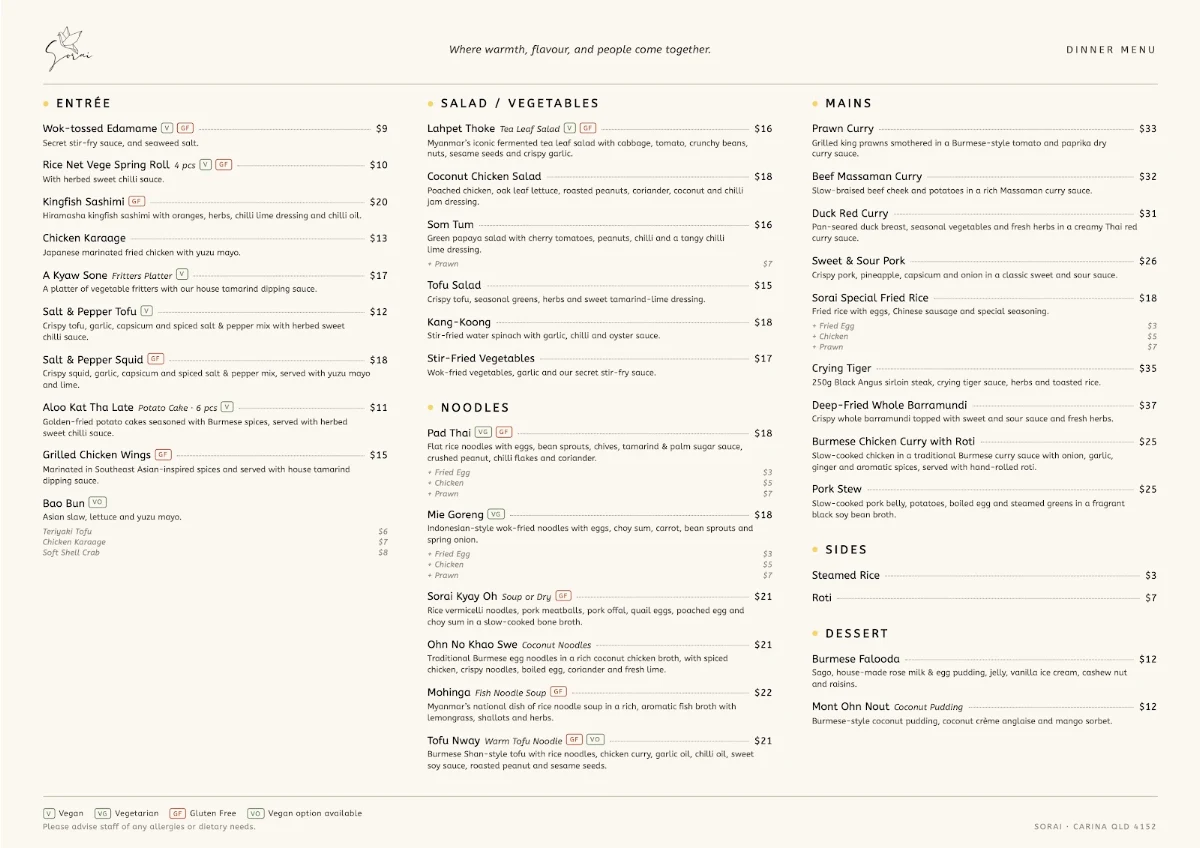 Menu, Sorai