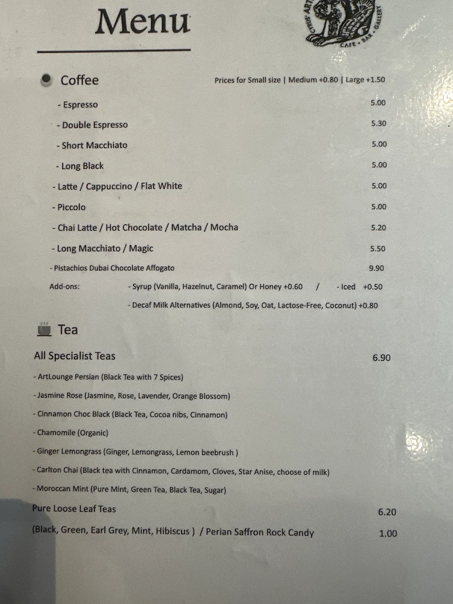 Menu, Cyrus Artlounge