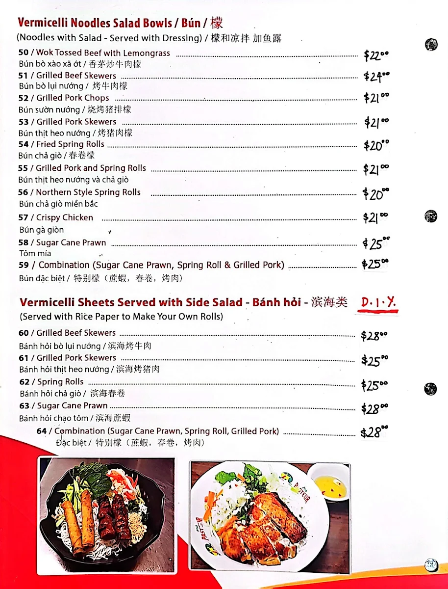 Menu, Pho Pasteur