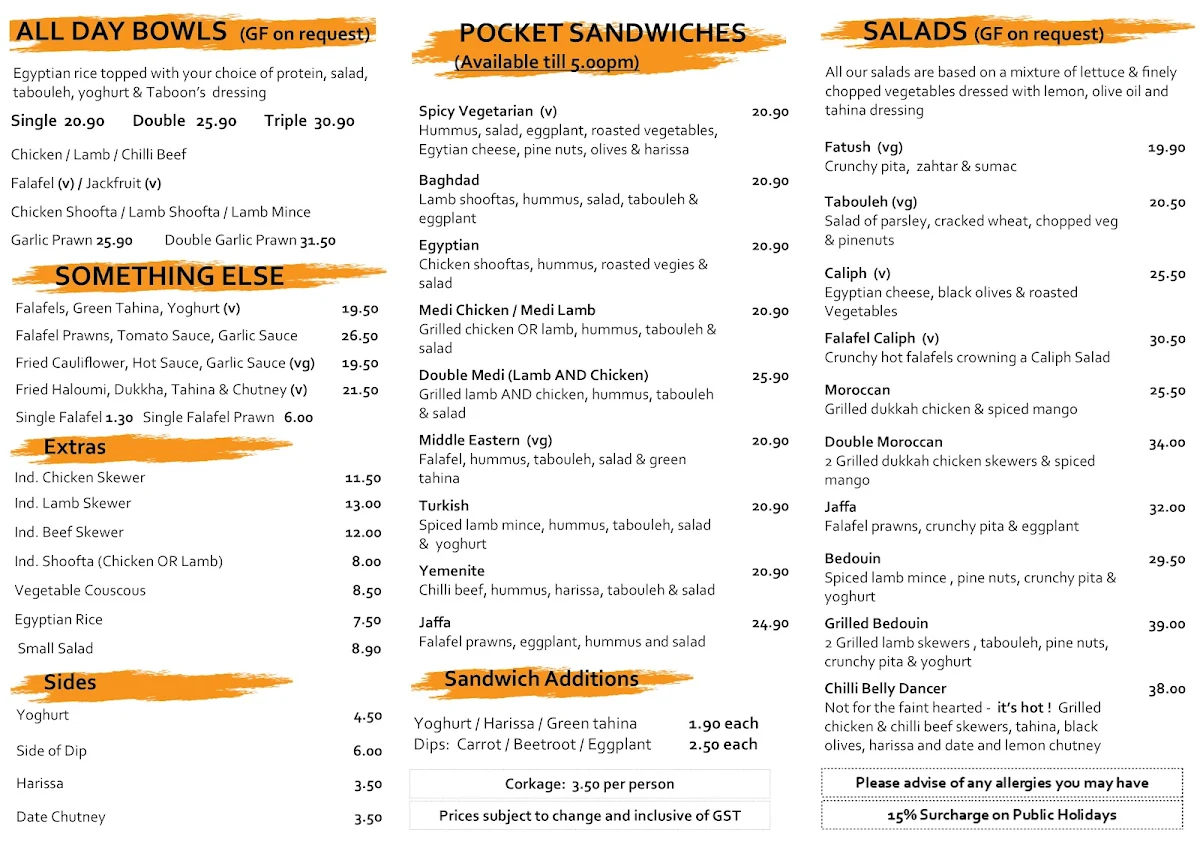 Menu, Taboon Modern Middle Eastern Cafe