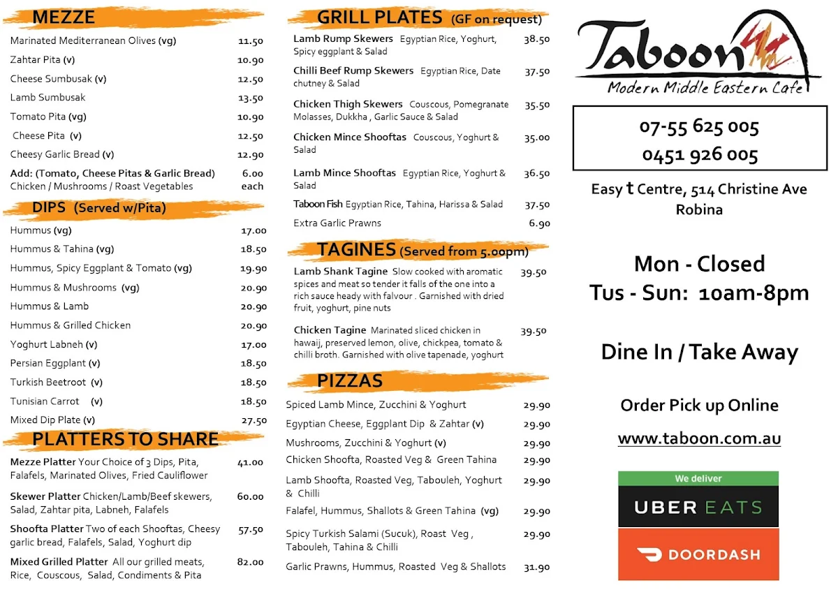 Menu, Taboon Modern Middle Eastern Cafe