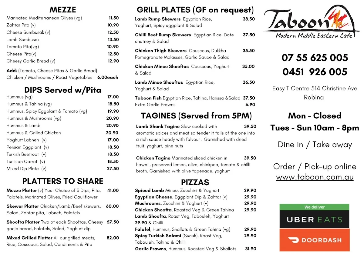 Menu, Taboon Modern Middle Eastern Cafe