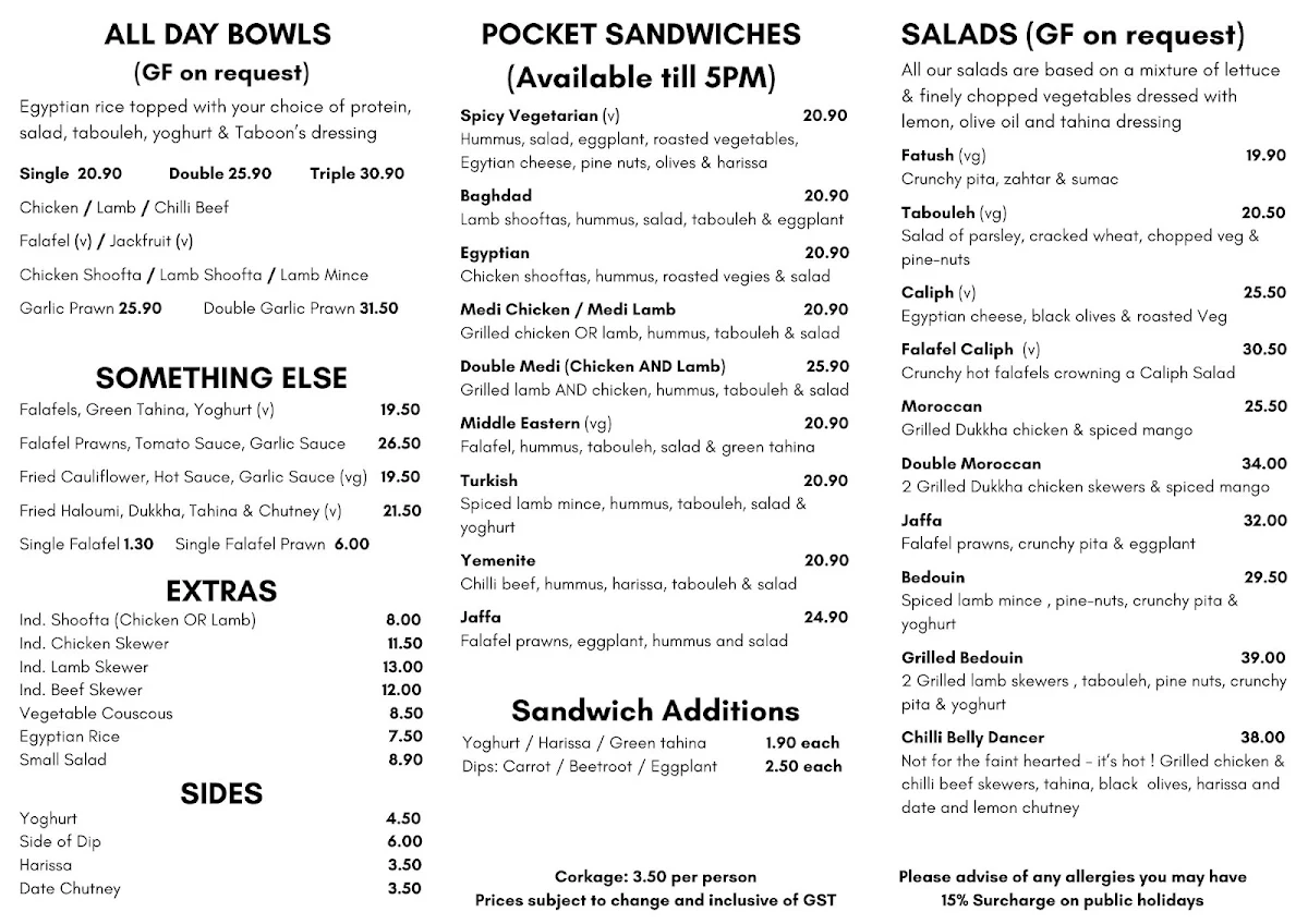 Menu, Taboon Modern Middle Eastern Cafe