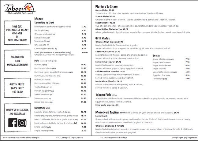 Menu, Taboon Modern Middle Eastern Cafe