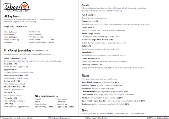 Menu, Taboon Modern Middle Eastern Cafe