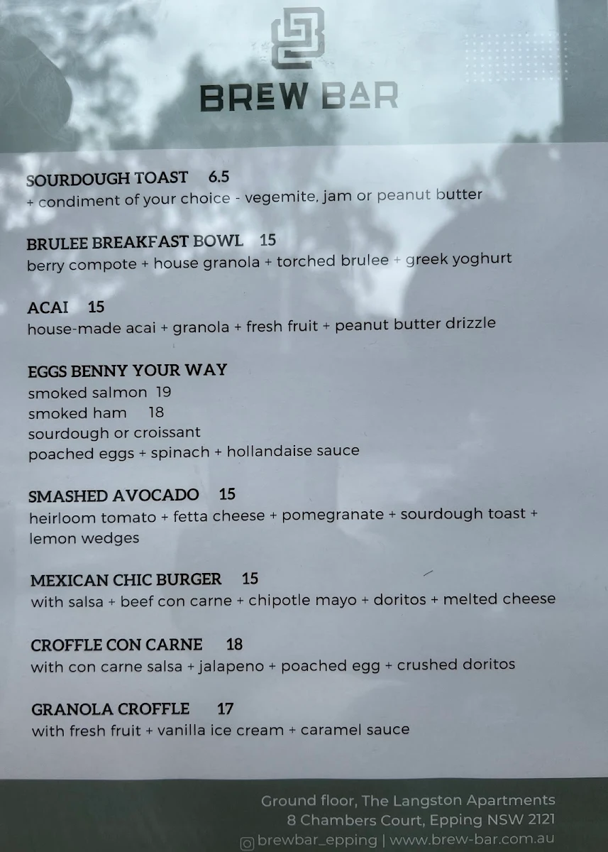 Menu, Brew Bar