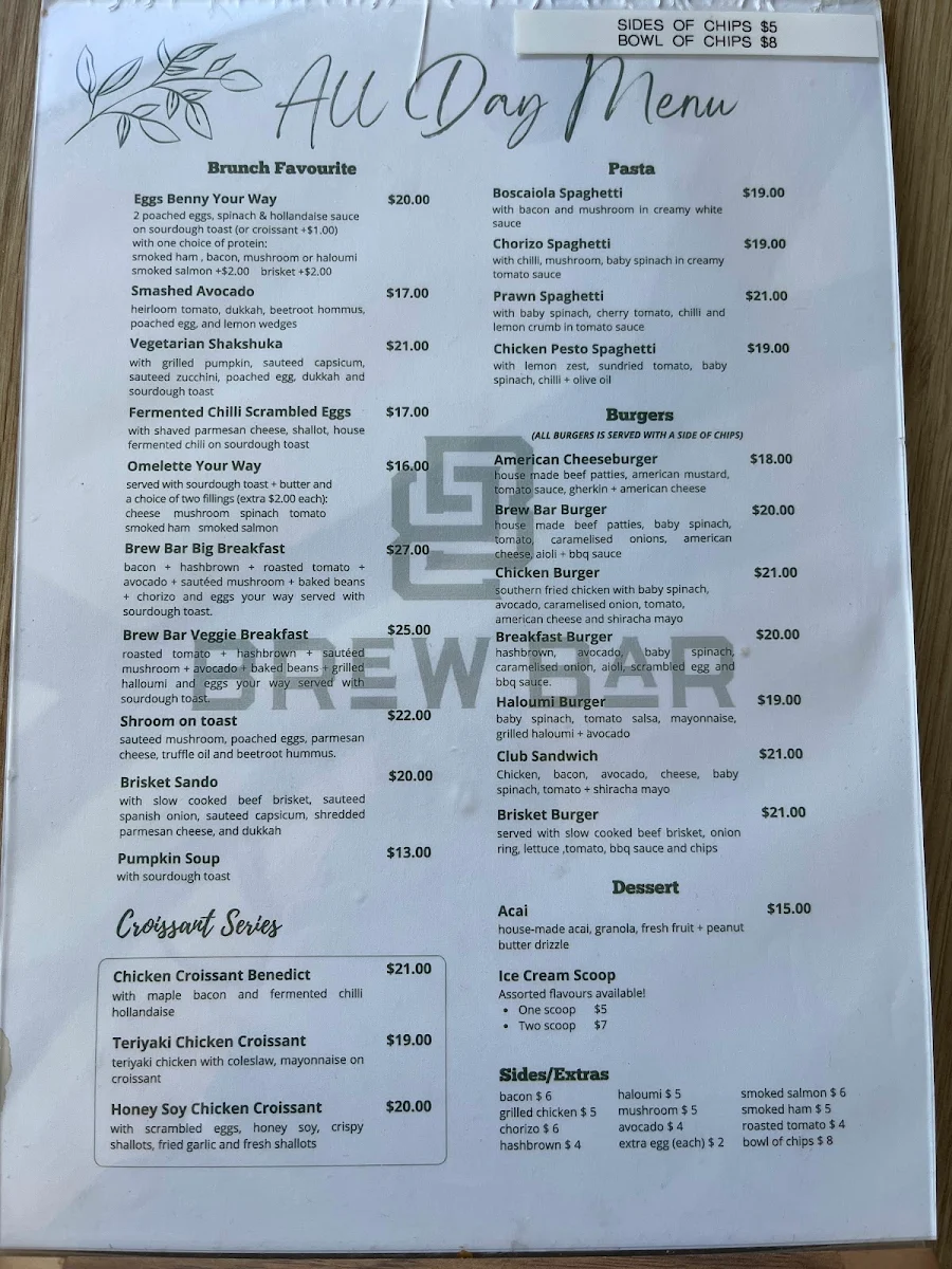 Menu, Brew Bar