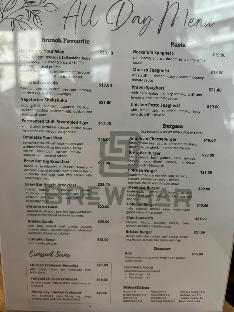Menu, Brew Bar