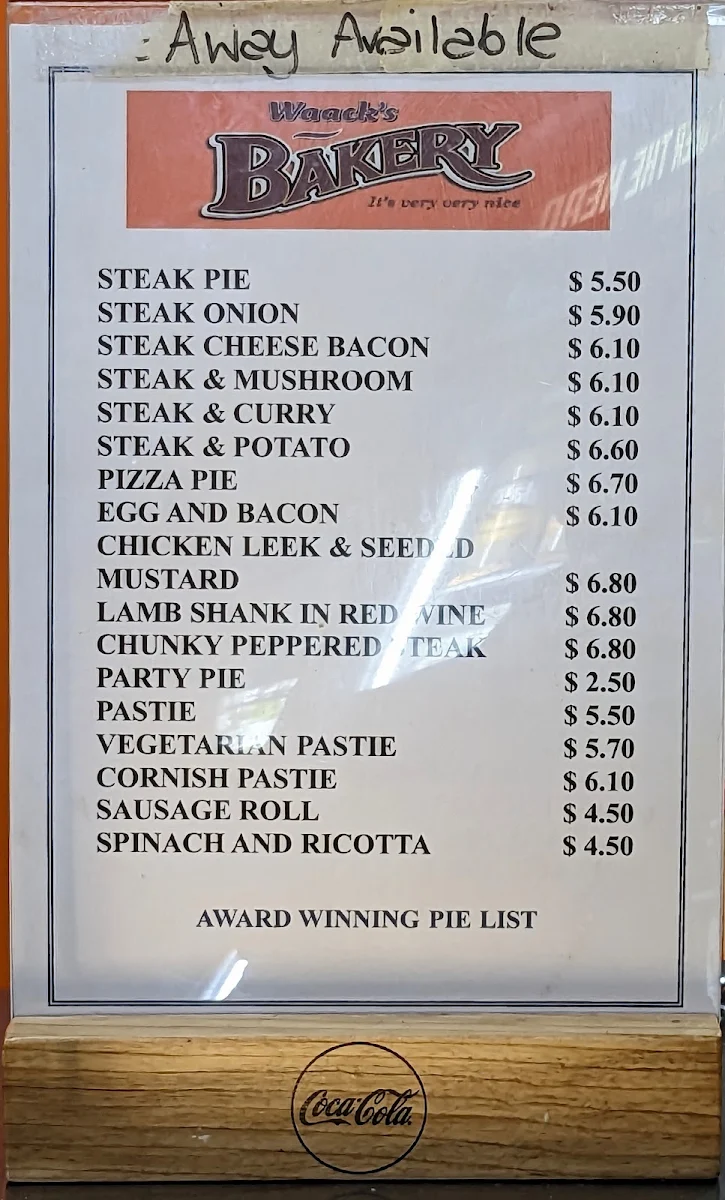 Menu, Waack's Bakery Ararat