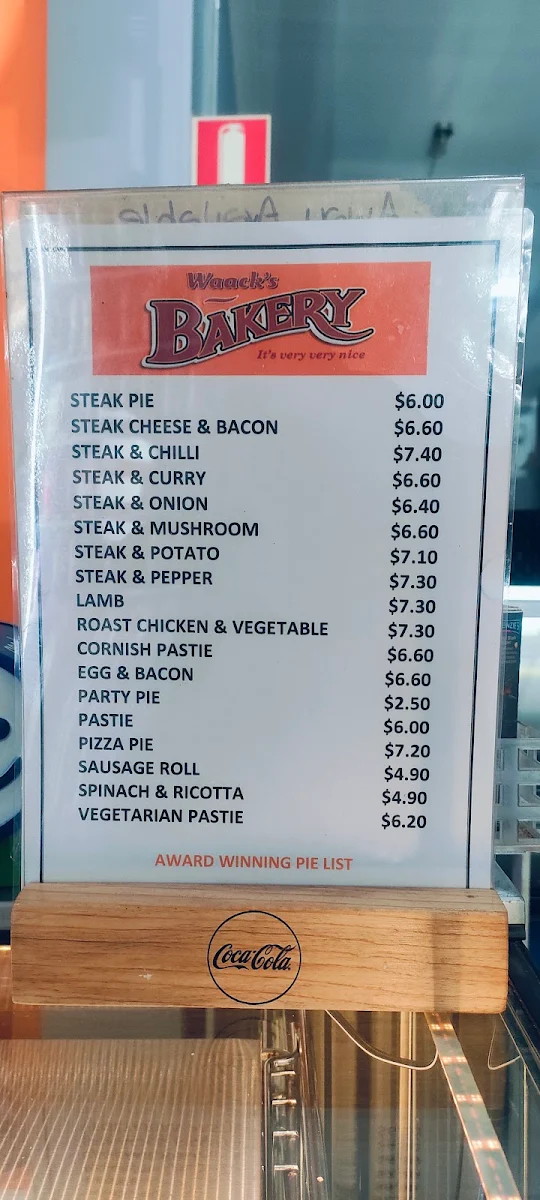 Menu, Waack's Bakery Ararat