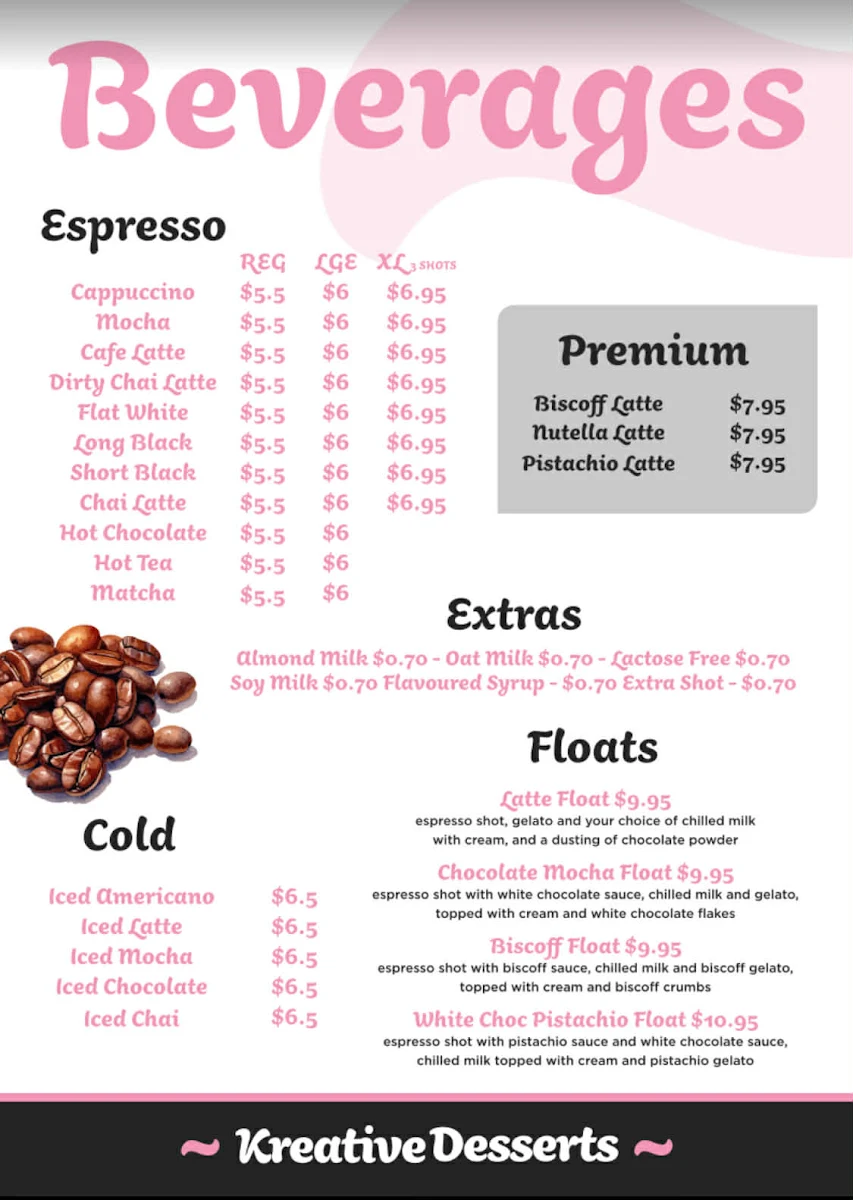 Menu, Kreative Desserts Beenleigh