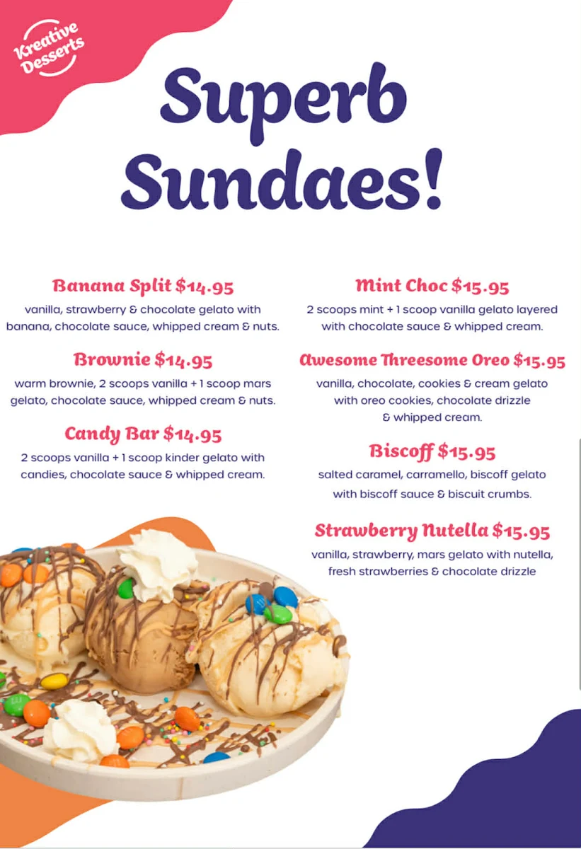 Menu, Kreative Desserts Beenleigh