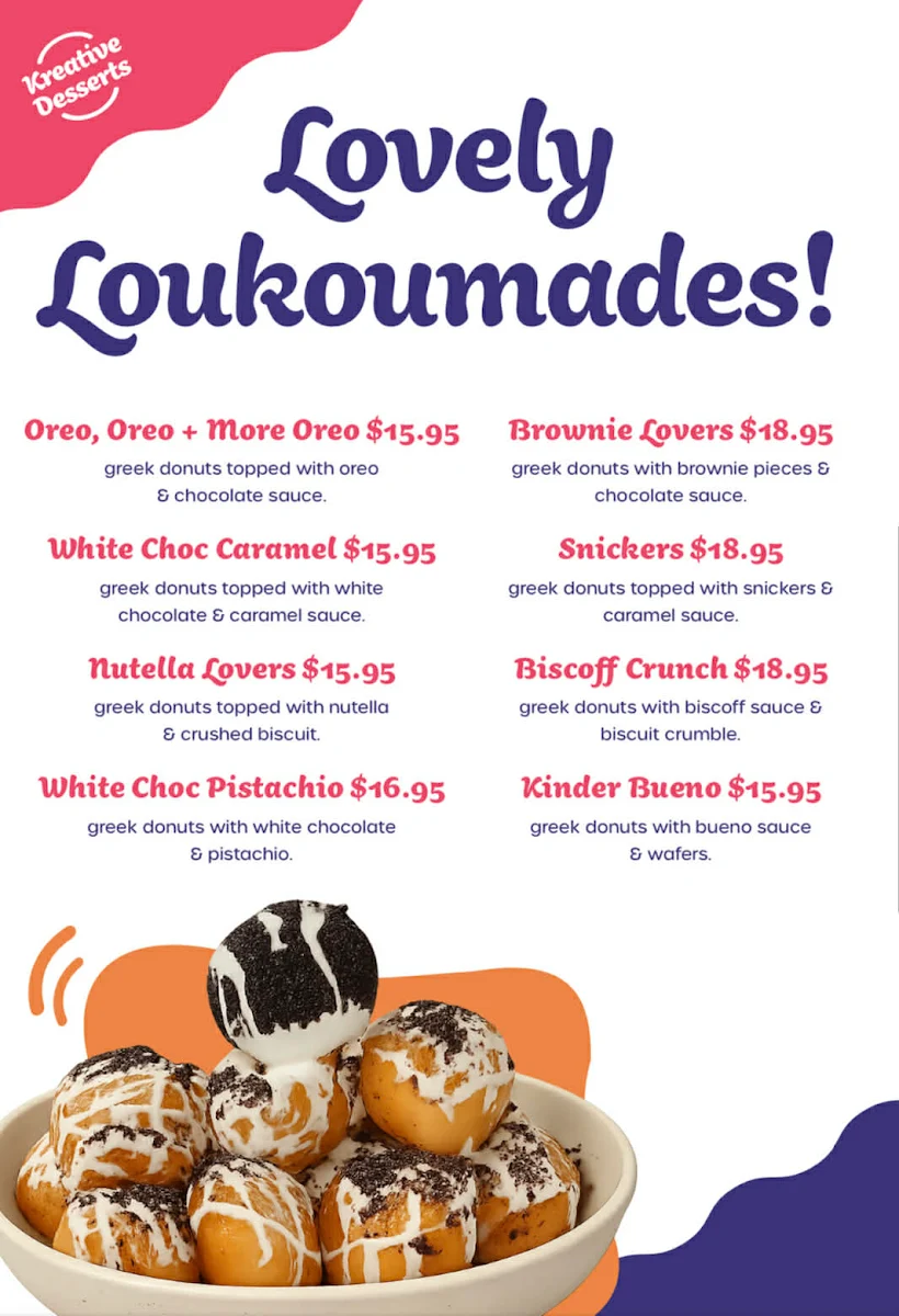 Menu, Kreative Desserts Beenleigh