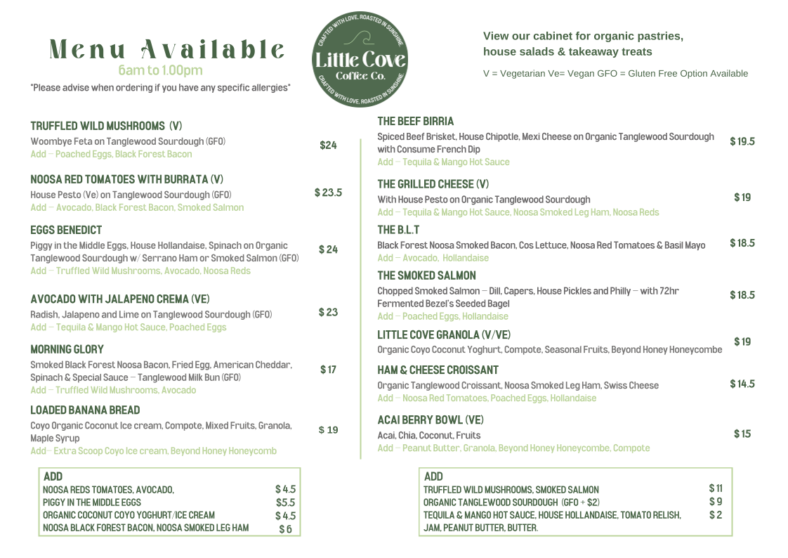 Menu, Little Cove Coffee Peregian Beach