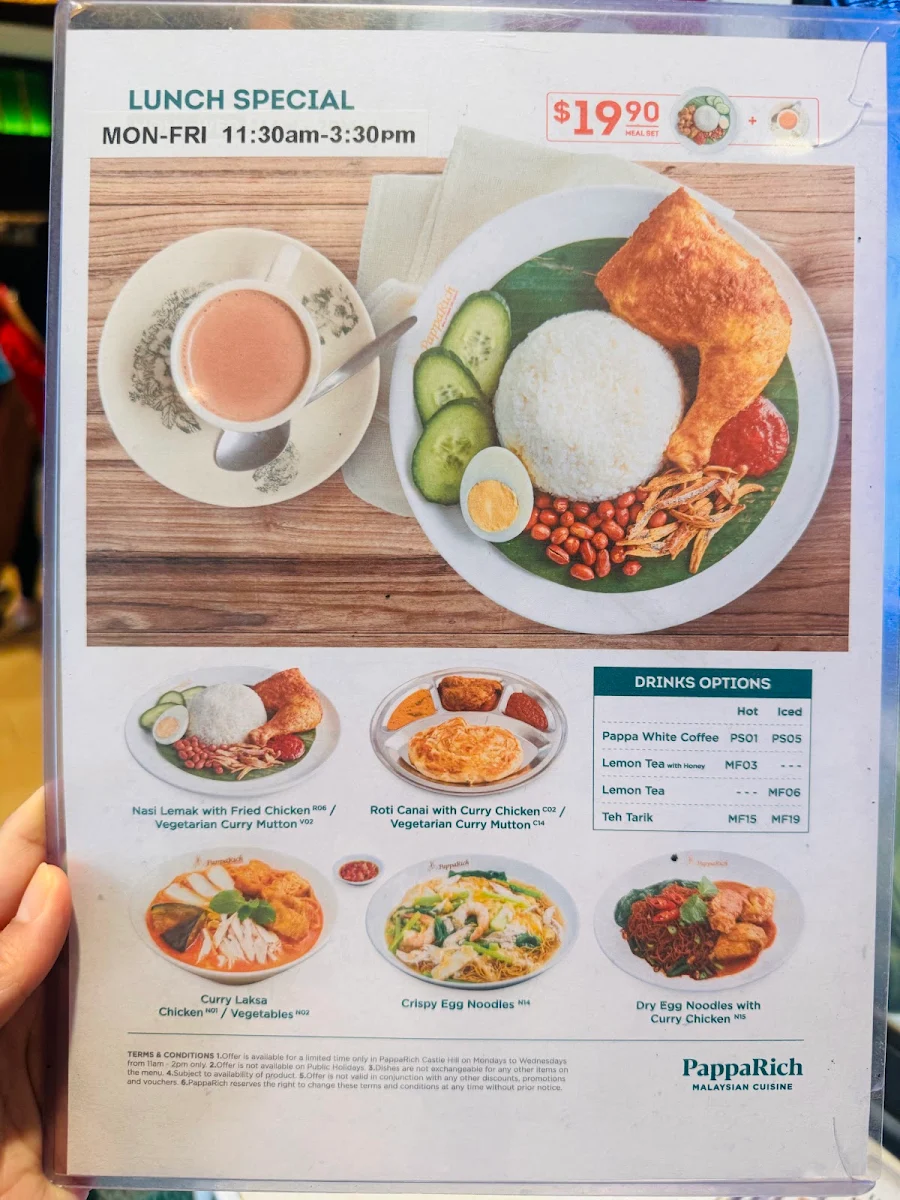 Menu, PappaRich Castle Hill