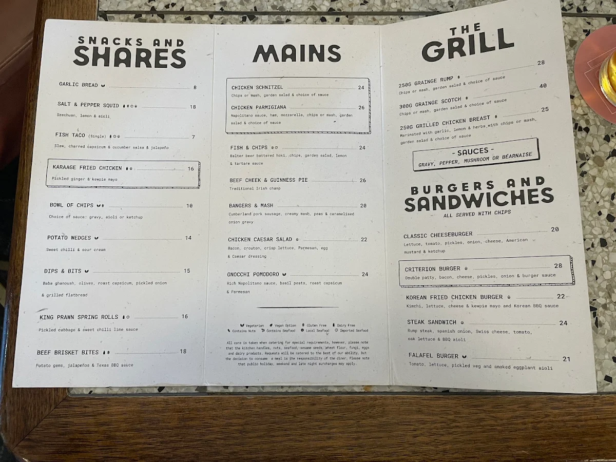 Menu, Criterion Hotel
