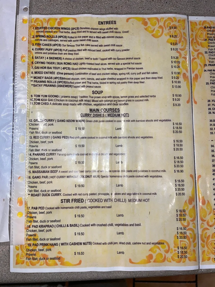Menu, Sri Arun Thai Restaurant