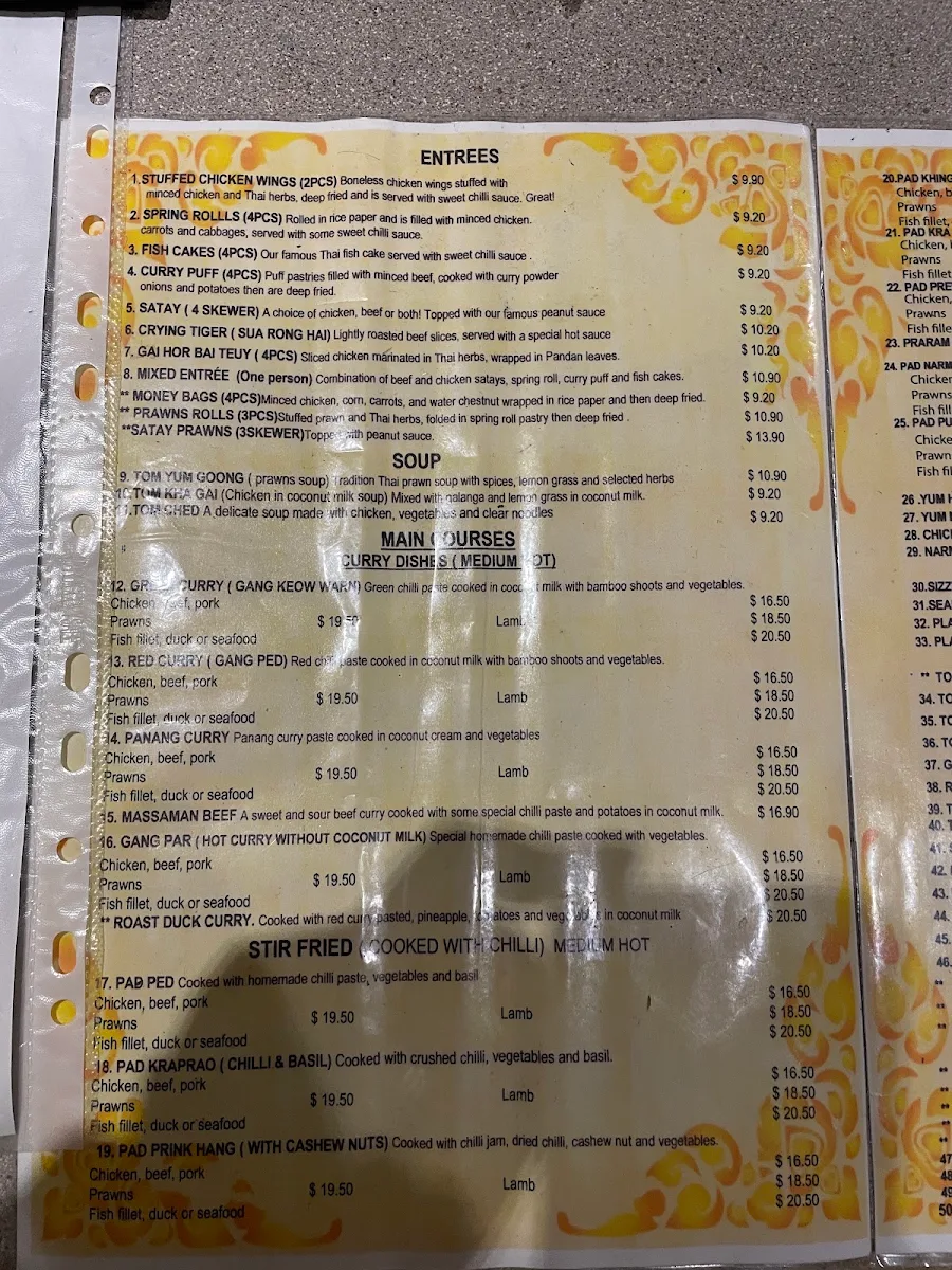 Menu, Sri Arun Thai Restaurant