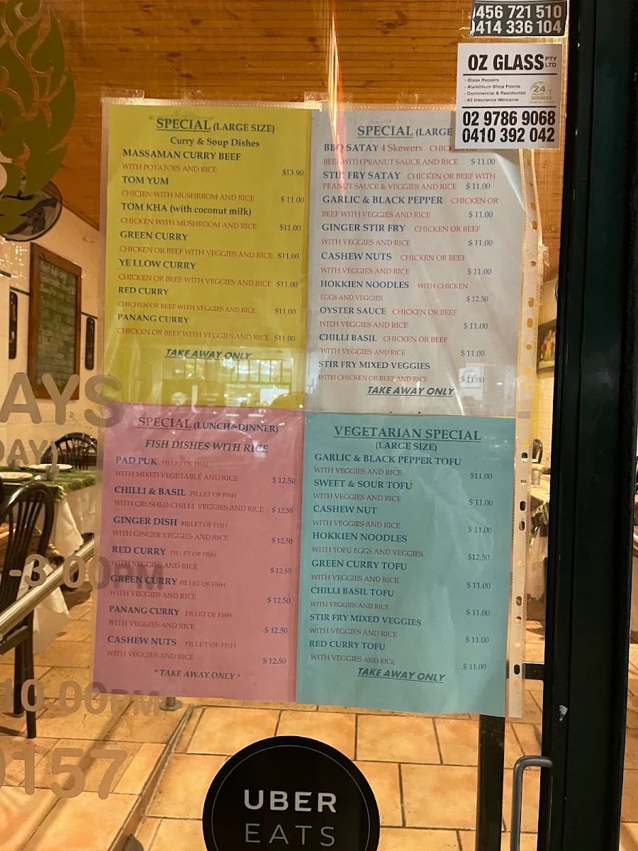 Menu, Sri Arun Thai Restaurant