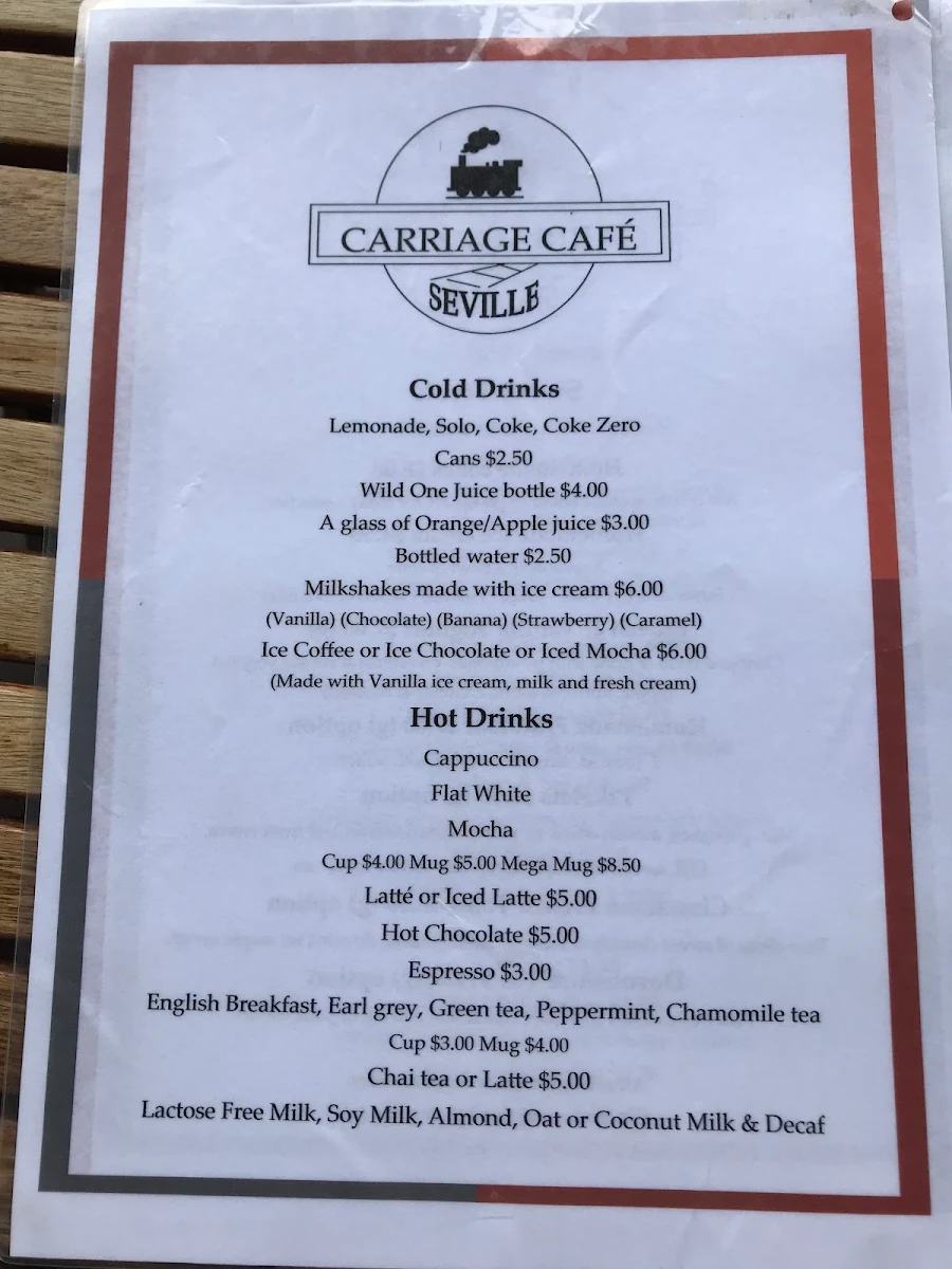 Menu, Carriage Cafe Seville