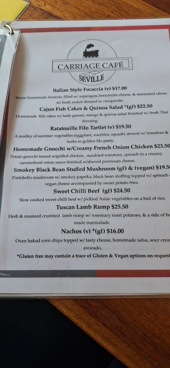 Menu, Carriage Cafe Seville