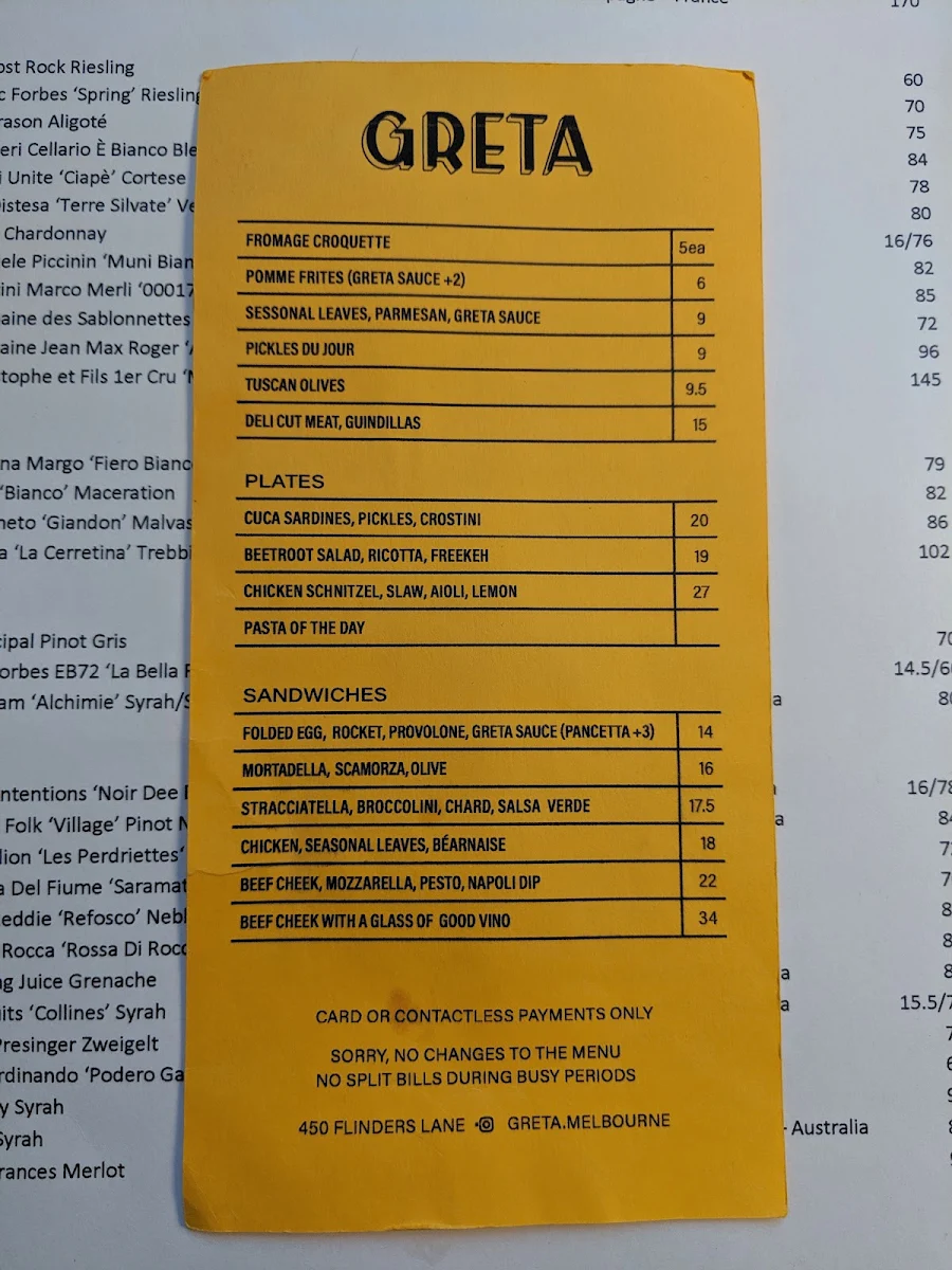 Menu, Greta