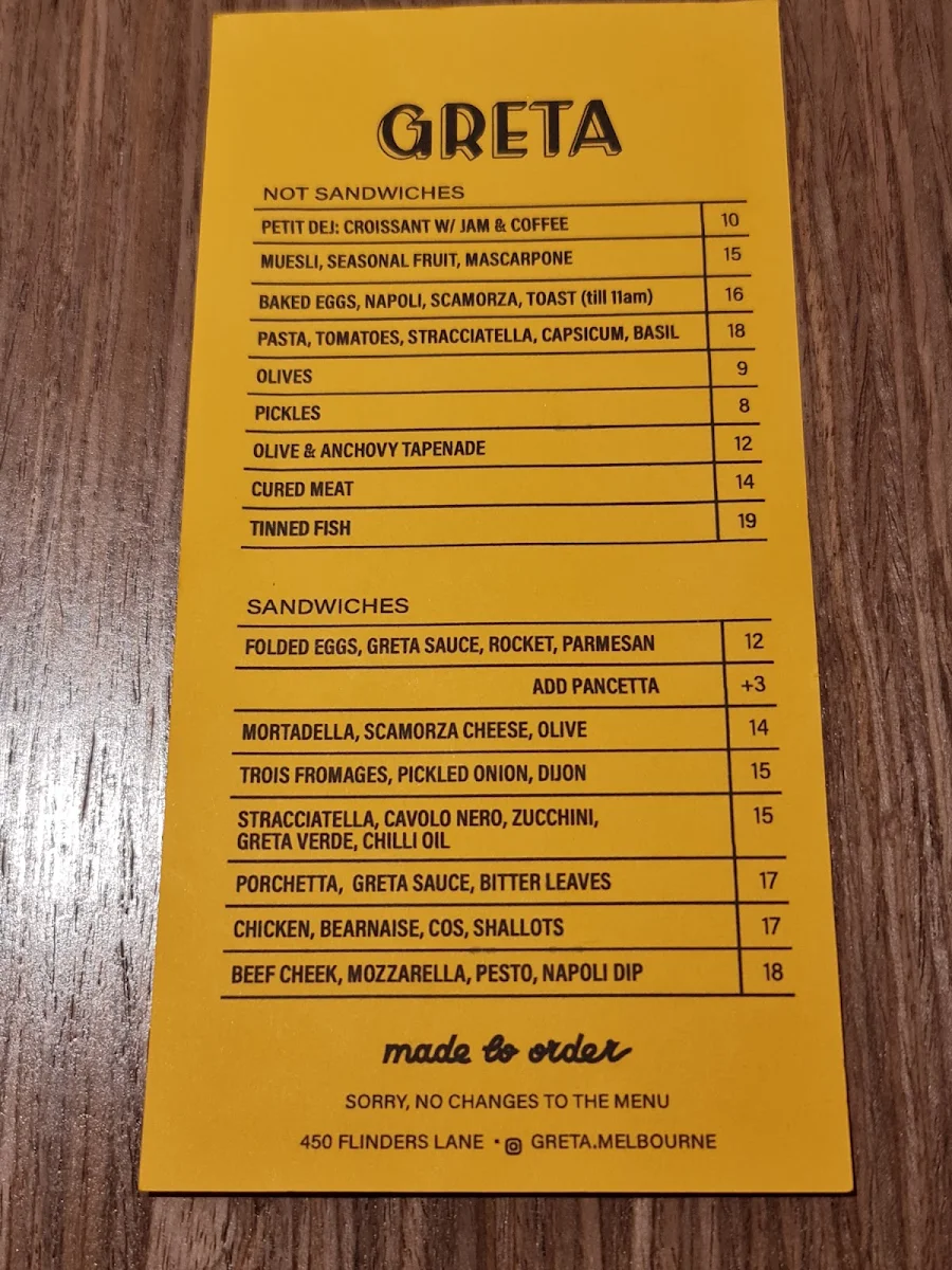 Menu, Greta