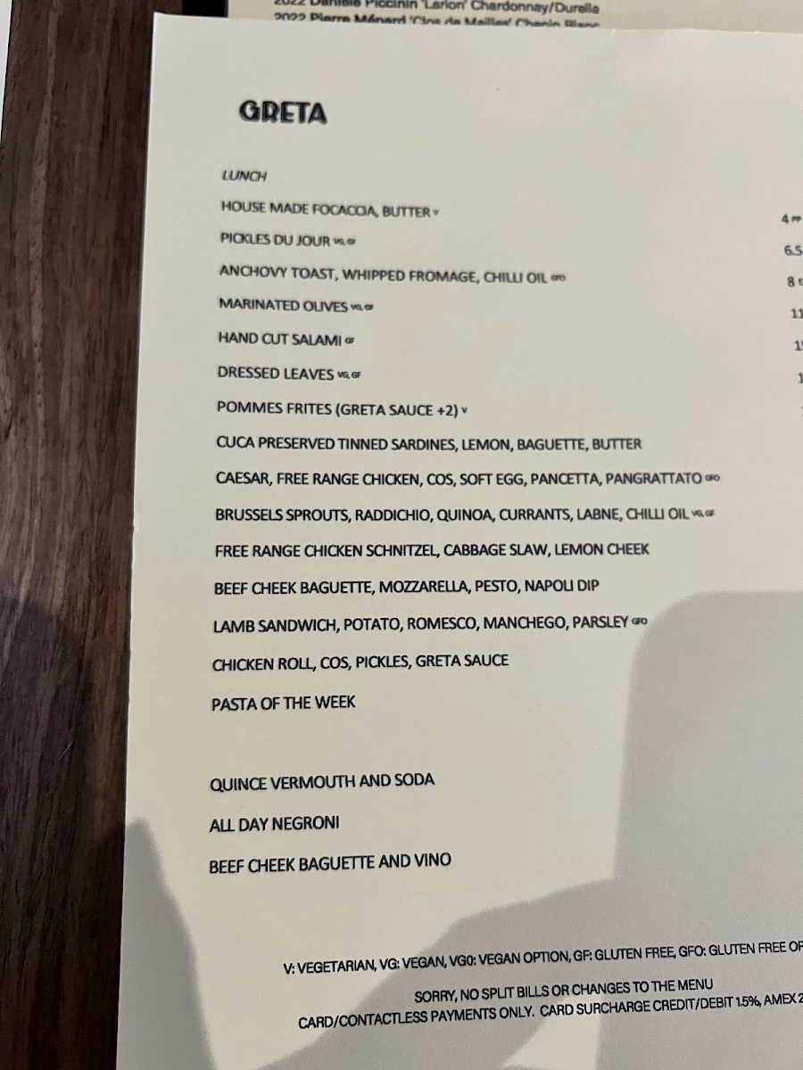 Menu, Greta