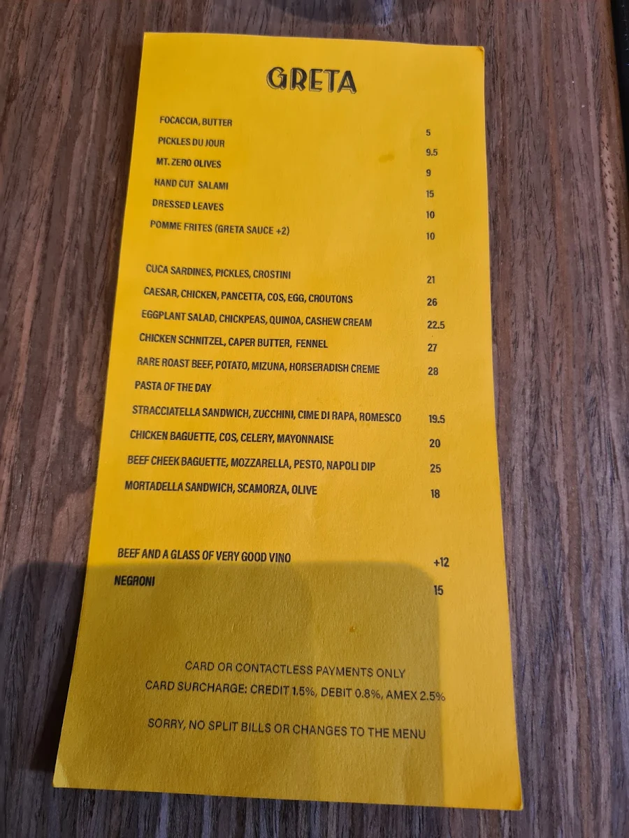 Menu, Greta